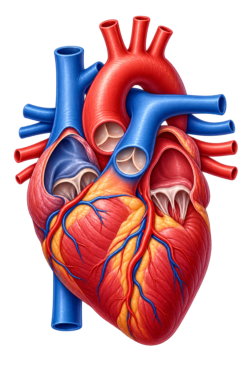 Illustration of the human heart showing chambers, valves and major blood vessels